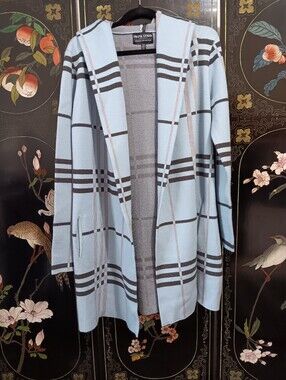 Frank Lyman Design Light Blue Hooded Plaid Open Cardigan